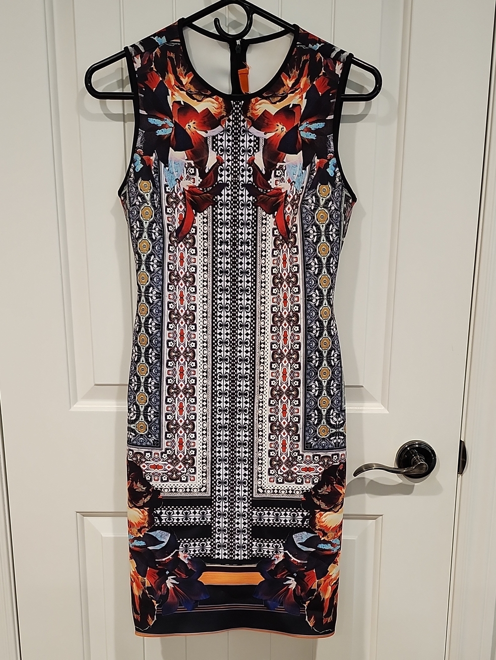 Clover Canyon Black Sheath Dress with Red, Orange & Blue Floral Mosaic